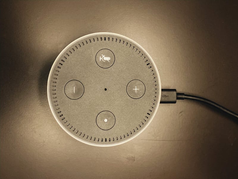 close up of amazon smart speaker alexa